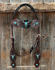 Dark Oil Hand Painted Turquoise Steer Head Browband/One Ear and Breastcollar Tack Set