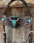 Dark Oil Hand Painted Turquoise Steer Head Browband/One Ear and Breastcollar Tack Set