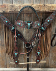 Dark Oil Hand Painted Turquoise Steer Head Browband/One Ear and Breastcollar Tack Set