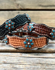 Leather Dog Collar With Copper Turquoise Flower Conchos 10" to 22" W207S -DC56