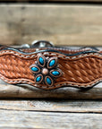 Leather Dog Collar With Copper Turquoise Flower Conchos 10" to 22" W207S -DC56