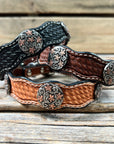 Leather Dog Collar With Antique Silver with Copper Flower Conchos 10" to 22" W200S -DC1000