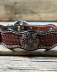 Leather Dog Collar With Antique Silver with Copper Flower Conchos 10" to 22" W200S -DC1000