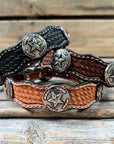 Leather Dog Collar With Antique Silver Texas Star Conchos 10" to 22" W187S -DC59