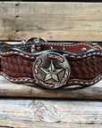Leather Dog Collar With Antique Silver Texas Star Conchos 10" to 22" W187S -DC59