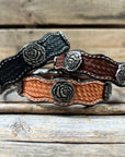 Leather Dog Collar With Antique Silver Rose Conchos 10" to 22" W108S -DC60