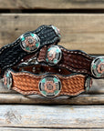 Leather Dog Collar With Antique Silver and Copper Flower Conchos 10" to 22" W190S -DC62