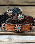 Leather Dog Collar With Copper Turquoise Sunflower Conchos 10" to 22" W188S -DC1006