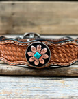 Leather Dog Collar With Copper Turquoise Sunflower Conchos 10" to 22" W188S -DC1006