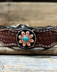 Leather Dog Collar With Copper Turquoise Sunflower Conchos 10" to 22" W188S -DC1006
