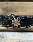Leather Dog Collar With Copper Turquoise Sunflower Conchos 10" to 22" W188S -DC1006