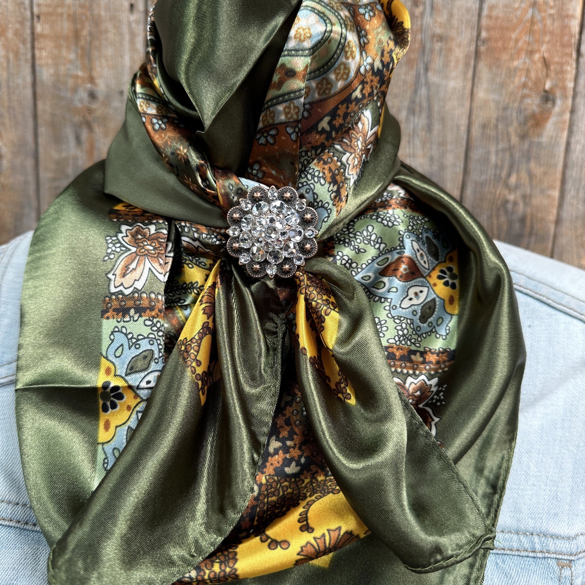 35X35" Olive Tone Paisley Wild Rag / Scarf -Copper Clear Slide WRC1001A