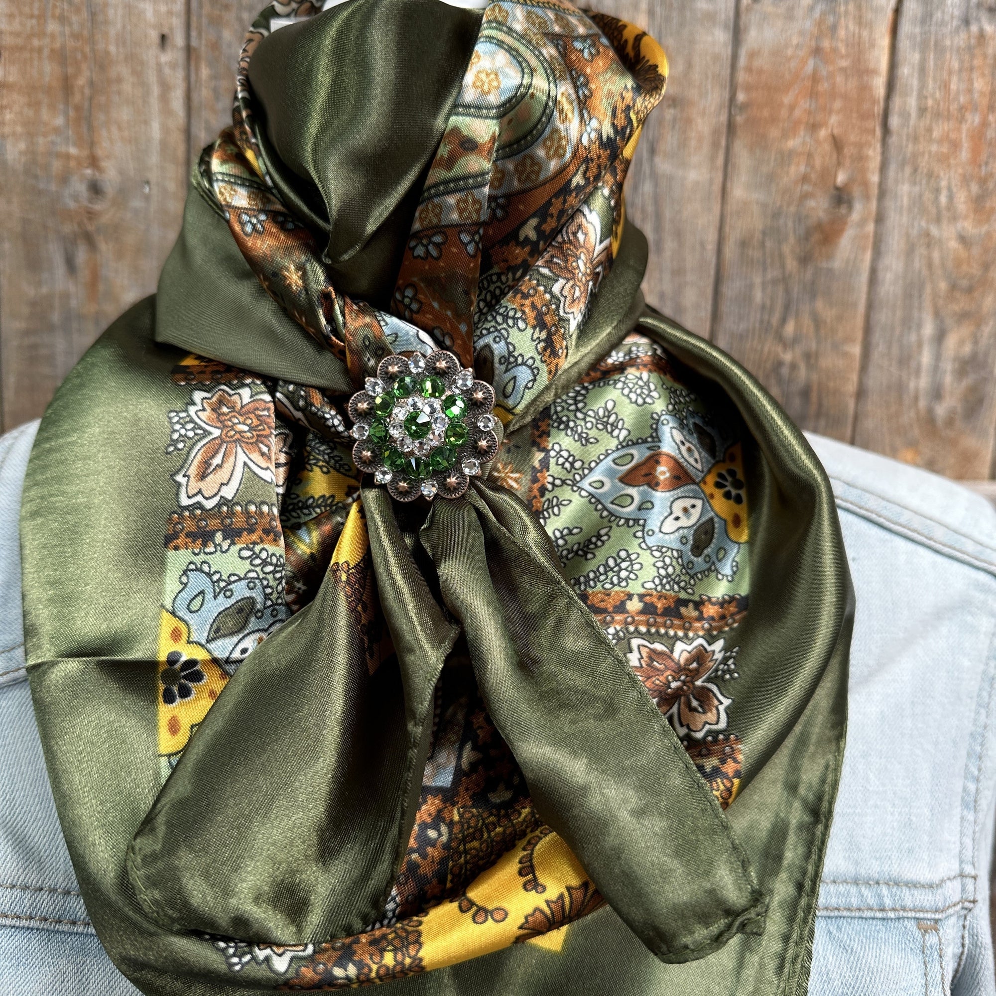 35X35" Olive Tone Paisley Wild Rag / Scarf -Copper Fern and Clear Slide WRC1001B