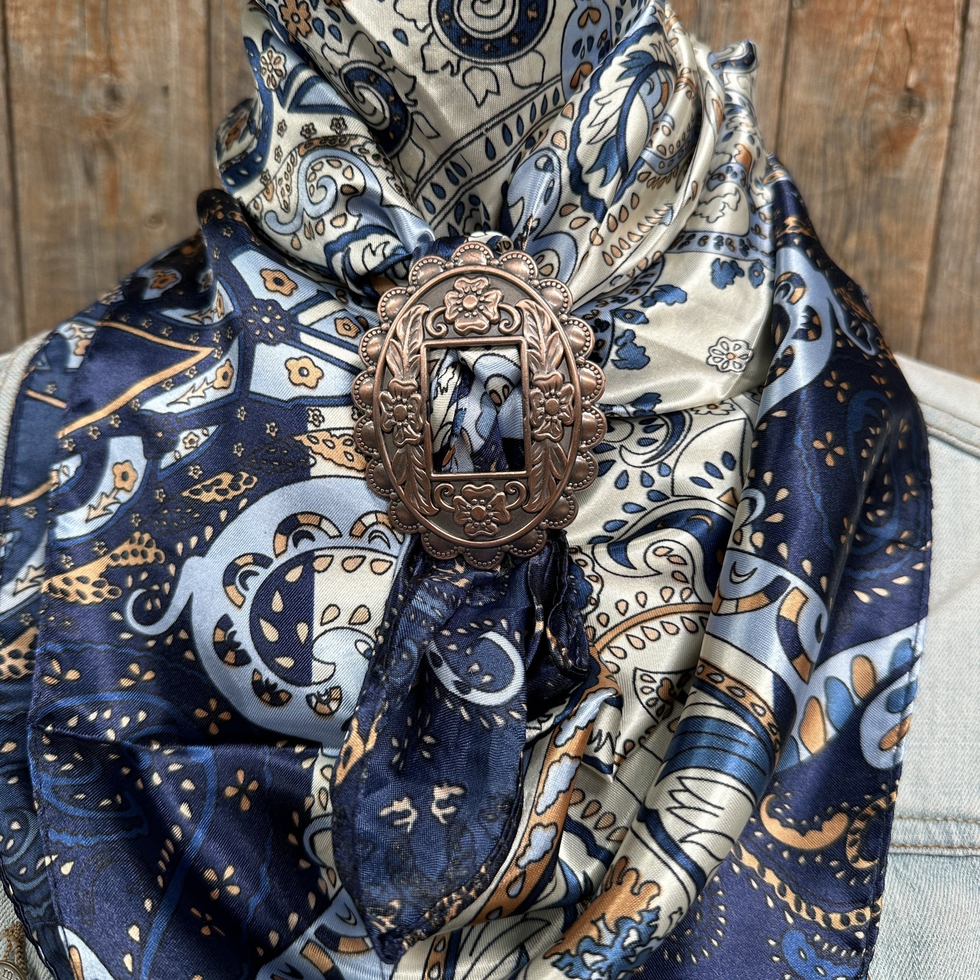 35X35" Blue, Cream and Tan Paisley Wild Rag / Scarf -W197B Slide WRC1002A
