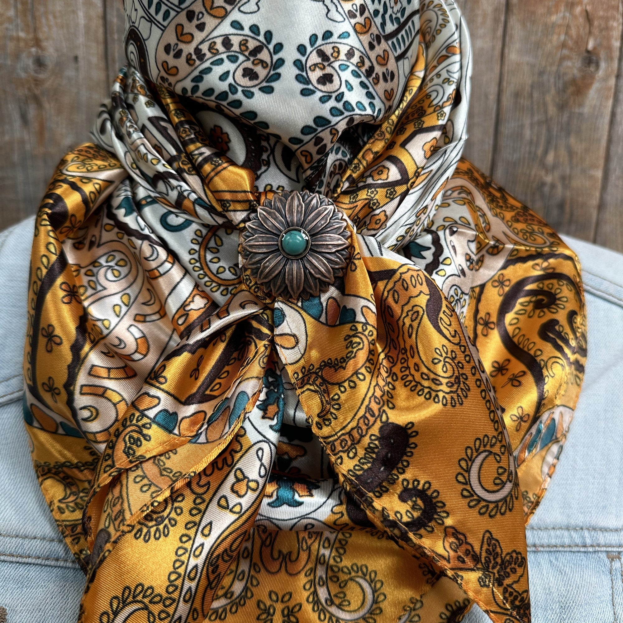 35X35" Golden, Green and Brown Paisley Wild Rag / Scarf -W132L Slide WRC1003A