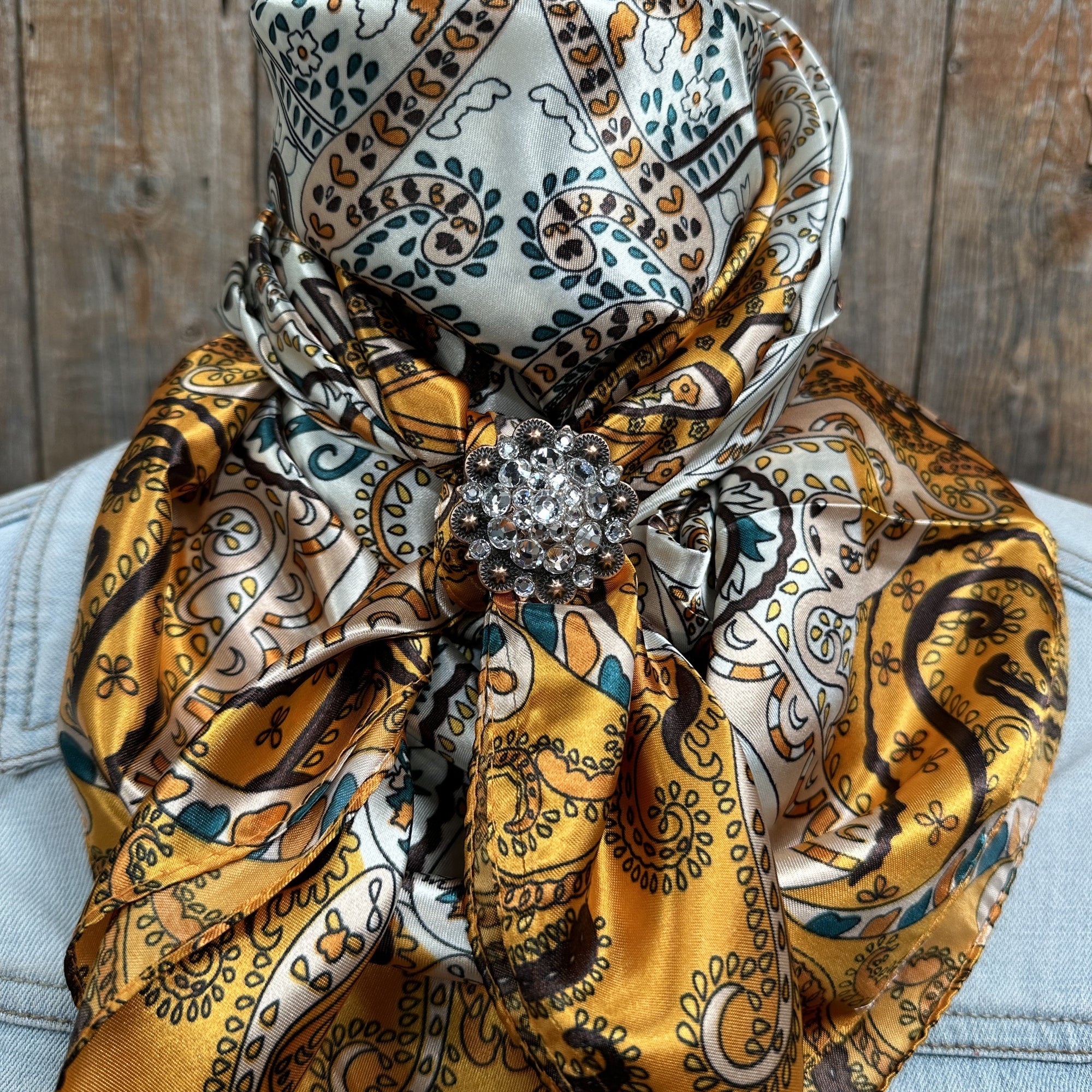 35X35" Golden, Green and Brown Paisley Wild Rag / Scarf -Copper Clear Slide WRC1003B