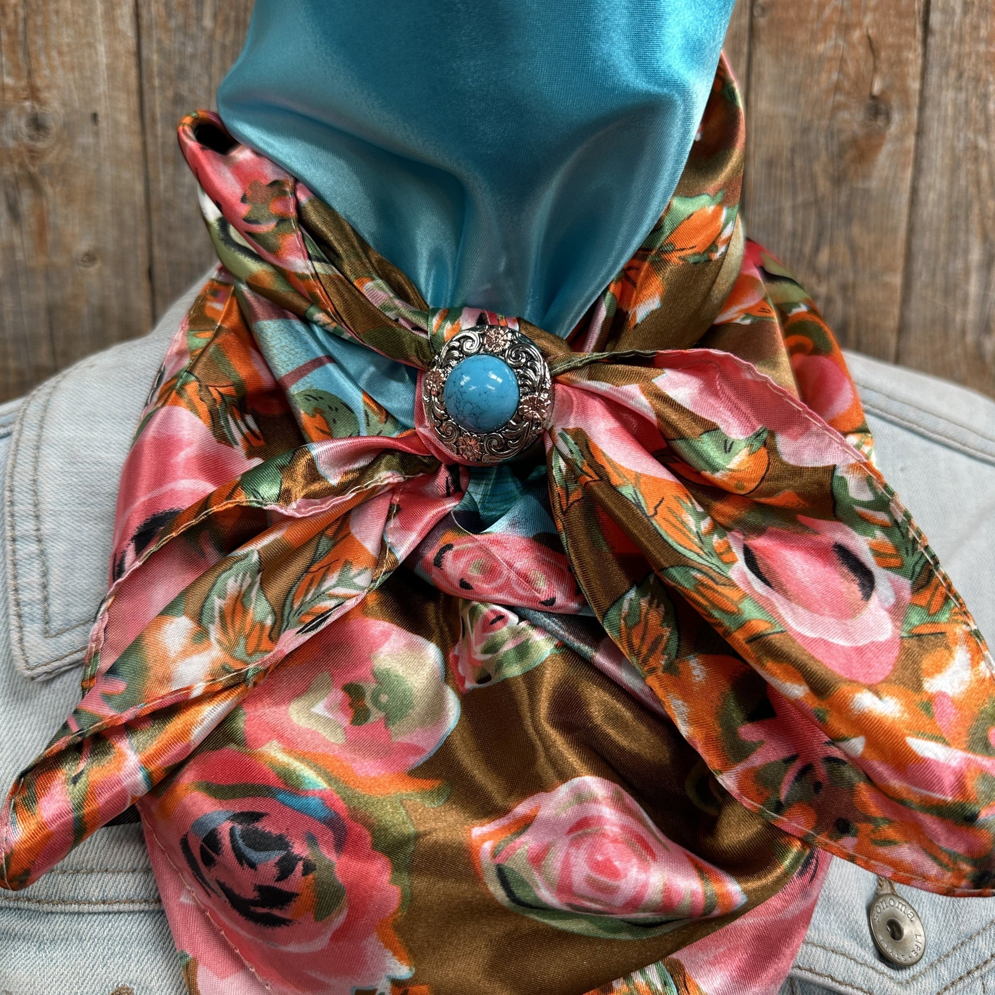 35X35" Blue and Pink Roses Paisley Wild Rag / Scarf -W222L Slide WRC1005A