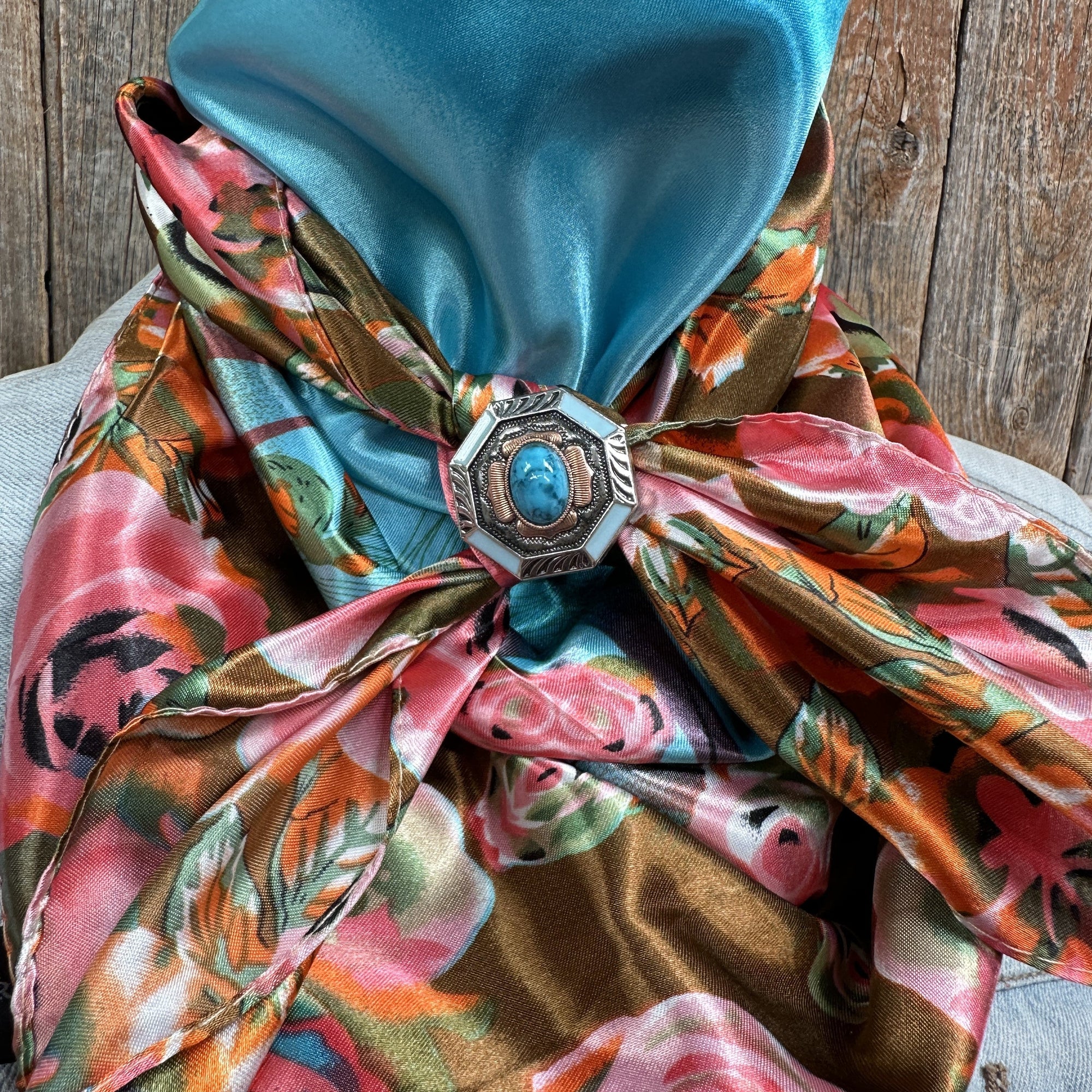 35X35" Blue and Pink Roses Paisley Wild Rag / Scarf -W221L Slide WRC1005B