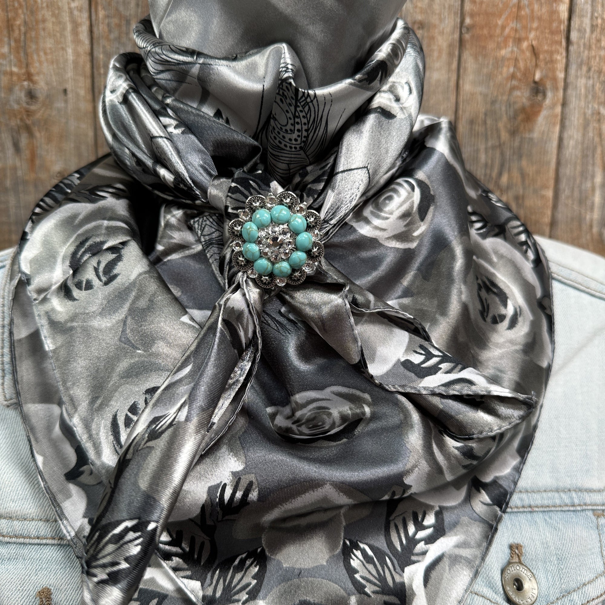 35X35" Grey Roses Wild Rag / Scarf -Antique Silver Turquoise and Clear Slide WRC1008B