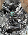 35X35" Grey Roses Wild Rag / Scarf -Antique Silver Turquoise and Clear Slide WRC1008B