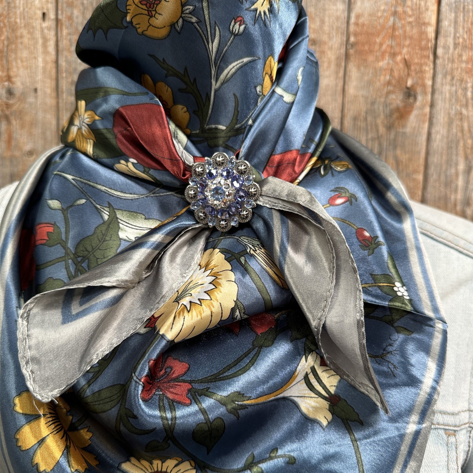 35X35" Grey and Blue Tulips and Lilies Wild Rag / Scarf -Antique Silver Light Sapphire, Clear and Lilac Slide WRC1010A
