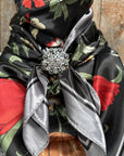 35X35" Black and Silver Tulips and Lilies Wild Rag / Scarf -Antique Silver Clear Slide WRC1011A
