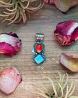 Red Spiny Oyster & Golden Hills Turquoise Sterling Silver Pendant – Stamped Gilbert Nez