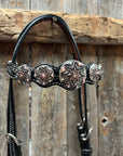 Black Floral Antique Silver Starburst Browband/One Ear Tack Set