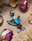 Thunderbird Pendant – Red Coral & Turquoise – Stamped Richard Yazzie