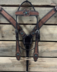 Two Tone Honeycomb Copper Flower Browband/One Ear Headstall & Breastcollar Tack Set