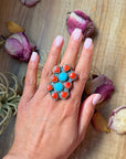 Red Coral & Kingman Turquoise Sterling Silver Ring – Adjustable