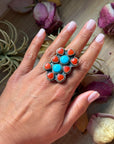 Red Coral & Kingman Turquoise Sterling Silver Ring – Adjustable