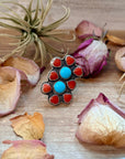 Red Coral & Kingman Turquoise Sterling Silver Ring – Adjustable