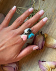 Pink Conch, Kingman Turquoise & White Buffalo Sterling Silver Ring – Adjustable (Size 9+)