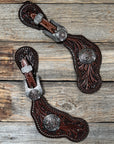 Dark Oil Whipstitch Copper Flower Spur Straps - Western Conchos
