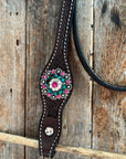 Dark Oil Basketweave Fuchsia, Clear, Emerald Browband/One Ear Tack Set