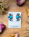 Sterling Silver Pink Conch & Kingman Turquoise Half Cluster Earrings – Native Made by E. Richards (Navajo Artist)