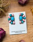 Sterling Silver Pink Conch & Kingman Turquoise Half Cluster Earrings – Native Made by E. Richards (Navajo Artist)