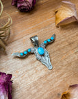 Sterling Silver Longhorn Pendant with Golden Hill Turquoise – Native Made by Leroy James (Navajo Artist)