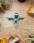 Sterling Silver Longhorn Pendant with Kingman Turquoise – Native Made by Leroy James (Navajo Artist)