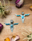 Sterling Silver Longhorn Pendant with Golden Hill Turquoise – Native Made by Leroy James (Navajo Artist)