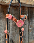 Light Oil V Brow Pink Flower Browband & Breastcollar Tack Set