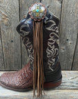 Boot Cuff Jewelry - Antique Silver Cross Turquoise Concho - Fringe