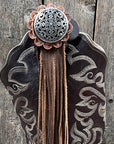 Boot Cuff Jewelry - Antique Silver Floral Engraved Concho - Fringe