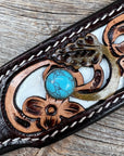 DC65- Floral White Inlay Wide Dog Collar SM-LG Turquoise Cabochons