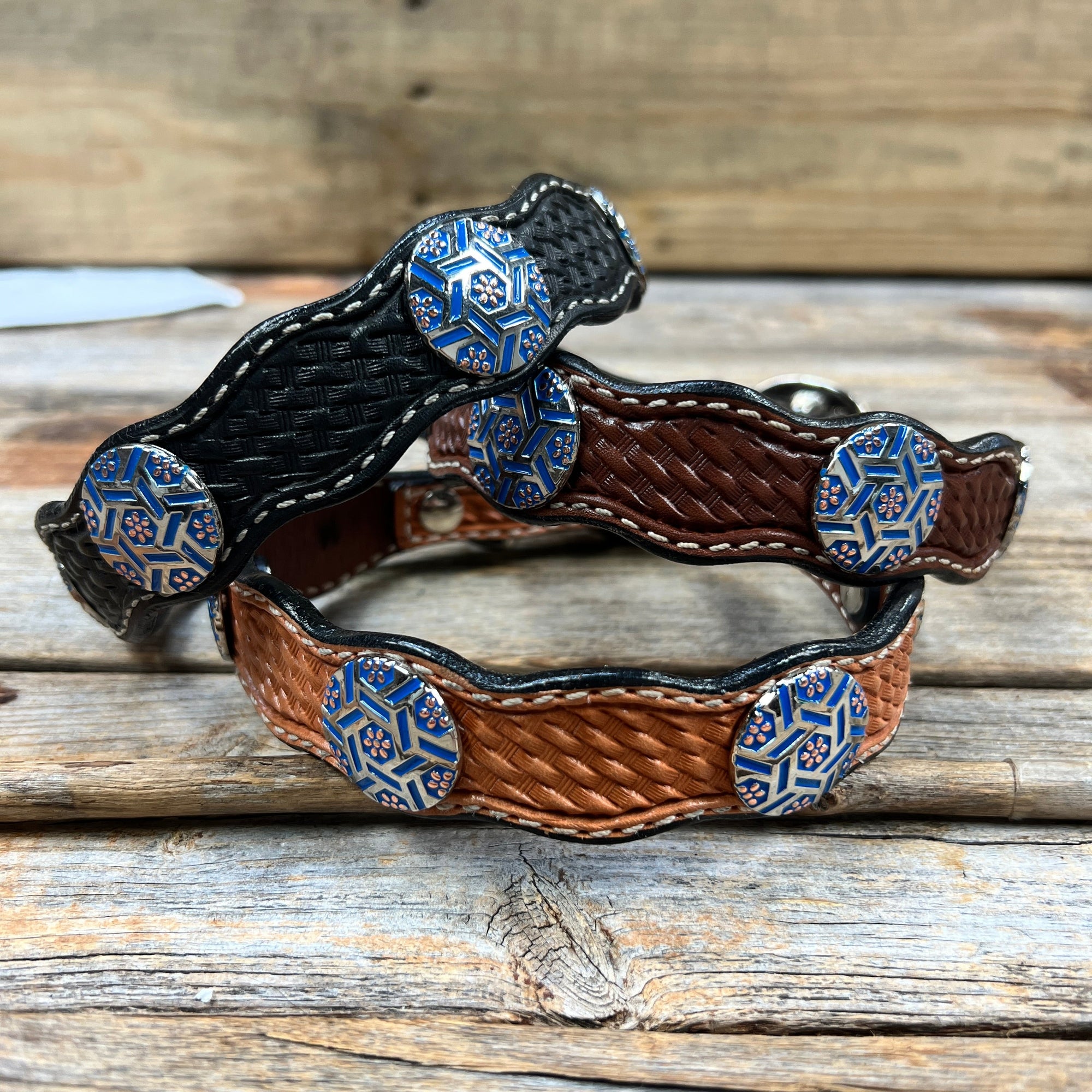 Leather Dog Collar With Blue Geometric Conchos 10" to 22" W236S -DC67