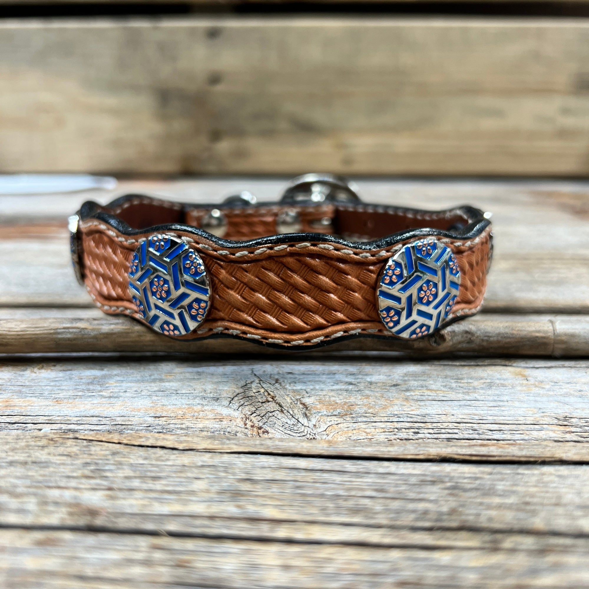 Leather Dog Collar With Blue Geometric Conchos 10" to 22" W236S -DC67