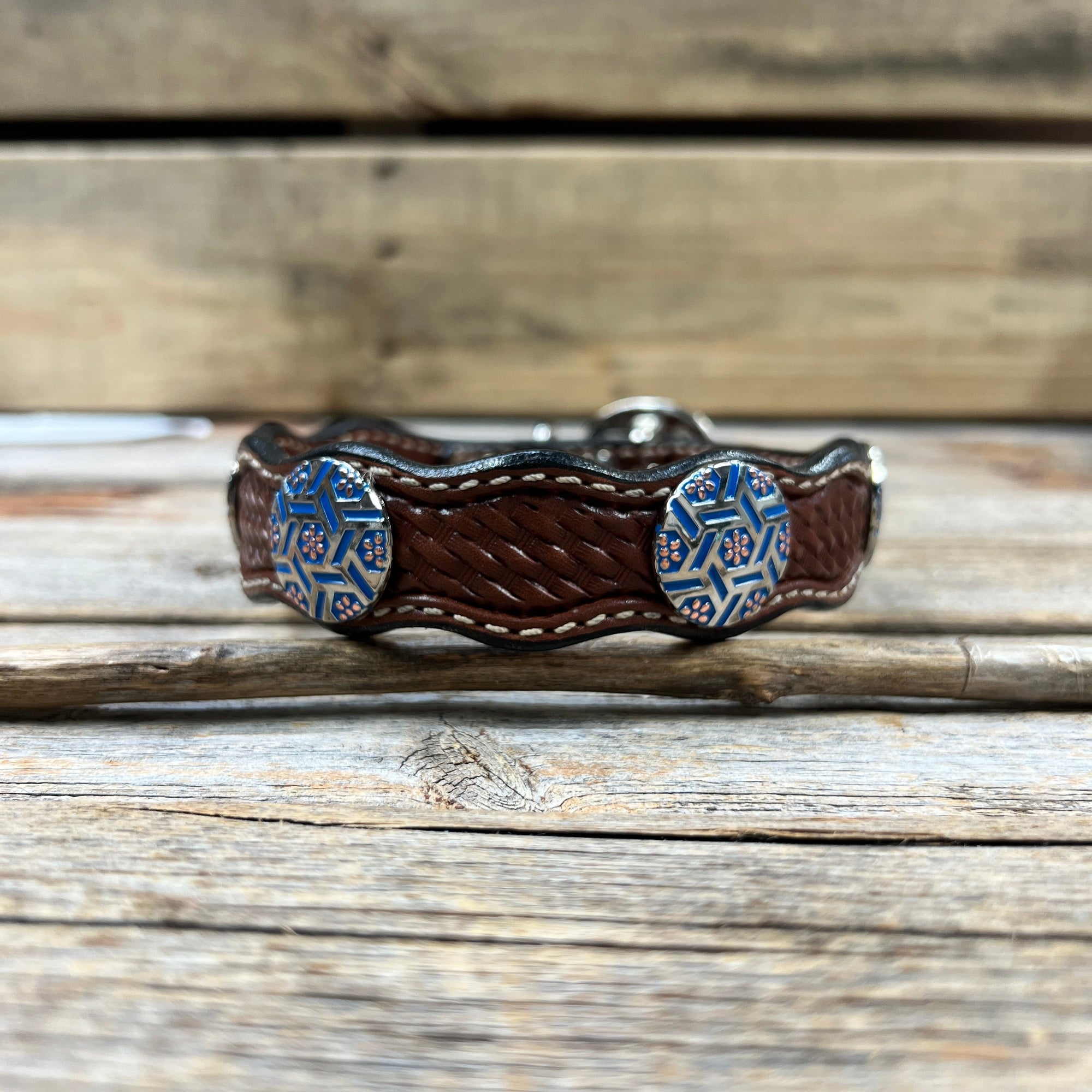 Leather Dog Collar With Blue Geometric Conchos 10" to 22" W236S -DC67