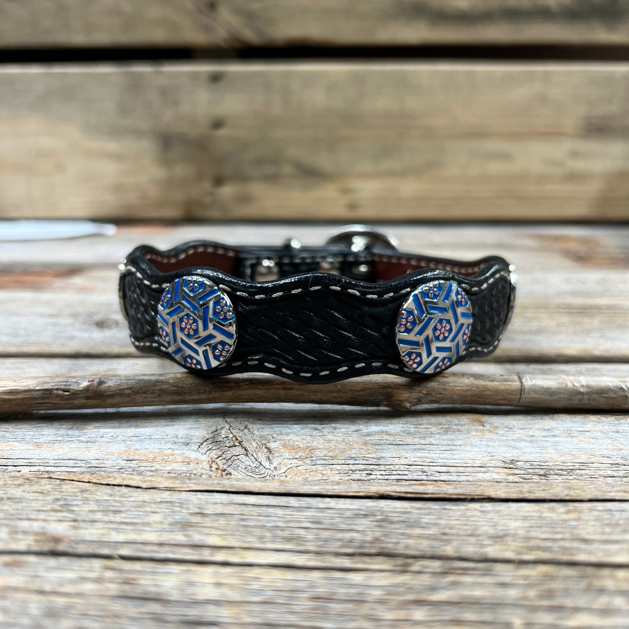 Leather Dog Collar With Blue Geometric Conchos 10" to 22" W236S -DC67