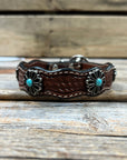 Leather Dog Collar With Turquoise Flower Conchos 10" to 22" W231S -DC69